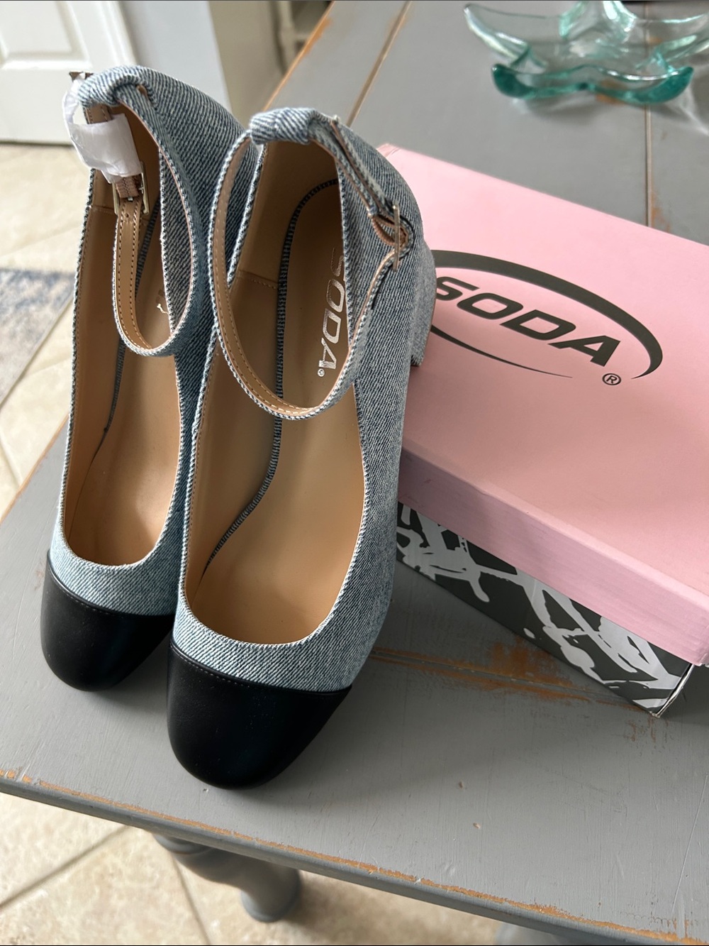 SODA Two-Tone Denim and Black Cap Toe Ankle Strap Pumps
